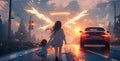 Mother and child angels walking away from a car accident towards the light from heaven - Generative AI Royalty Free Stock Photo