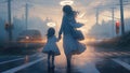 Mother and child angels walking away from a car accident towards the light from heaven - Generative AI Royalty Free Stock Photo