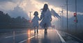 Mother and child angels walking away from a car accident towards the light from heaven - Generative AI Royalty Free Stock Photo