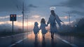 Mother and child angels walking away from a car accident towards the light from heaven - Generative AI Royalty Free Stock Photo