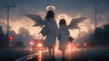 Mother and child angels walking away from a car accident towards the light from heaven - Generative AI Royalty Free Stock Photo