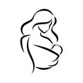 Mother with child in baby sling vector symbol in simple lines, logo, icon