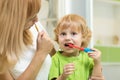 Mother And Child Boy Brushing Teeth Together Royalty Free Stock Photo