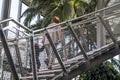 Mother and child climbing stairway inside a winter garden hot glass house with tropical plants