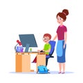 Mother and child at computer. Mom helping boy with homework. Cartoon school education vector concept Royalty Free Stock Photo