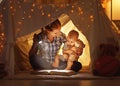 Mother and child daughter with a book and a flashlight before go Royalty Free Stock Photo