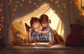 Mother and child daughter with a book and a flashlight before go Royalty Free Stock Photo