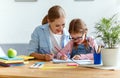 Mother and child daughter doing homework writing and reading at Royalty Free Stock Photo