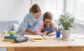 Mother and child daughter doing homework writing and reading at Royalty Free Stock Photo