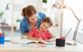 Mother and child daughter doing homework writing and reading at home Royalty Free Stock Photo