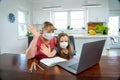 Mother and happy daughter studying at home during coronavirus self isolation and school closures