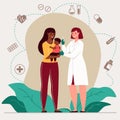 Mother and child at the doctors appointment. Vaccination of children. Flat Cartoon Vector illustration Royalty Free Stock Photo