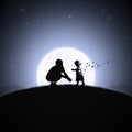 Mother and child. Dying girl silhouette. Death, afterlife. Full moon