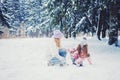 Mother and child girl on snowy winter walk in nature Royalty Free Stock Photo