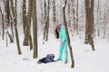 Mother and child girl on a winter walk in nature. Happy family Royalty Free Stock Photo