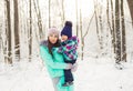 Mother and child girl on a winter walk in nature. Happy family Royalty Free Stock Photo