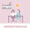 Mother and child. Mom helping girl with homework. Cartoon school education vector concept. Illustration of mother and child,