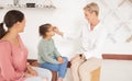 Mother, child and happy optometrist with glasses at after examine, eye test or consulting for healthy eyes. Optician Royalty Free Stock Photo