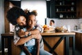 Mother and child having fun preparing healthy food in kitchen Royalty Free Stock Photo