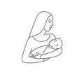 Mother with child in her arms. Line vector icon or logo of newborn baby with mother. Symbol of motherhood.