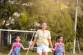 Mother and child holding hands for the first time to school with school bags. Mother led her daughters in the first grade. Royalty Free Stock Photo