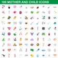 100 mother and child icons set, cartoon style Royalty Free Stock Photo