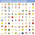 100 mother and child icons set, flat style