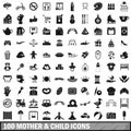 100 mother and child icons set, simple style