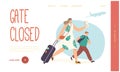 Mother with Child Late for Plane Boarding Landing Page Template. Worried Woman and Boy Run with Bags to Closed Gates