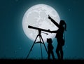 Mother and child looking the sky with telescope