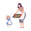 Mother And Child Making Cookies Together, Mom Holding Baking Tray with Homemade Pastries, Parent and Kid Having Good Royalty Free Stock Photo