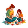 Mother and child painting or drawing together watercolor white background Royalty Free Stock Photo