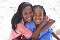 Mother, child and portrait at beach for holiday adventure, outdoor relax or family bonding. Black people, kid and face Royalty Free Stock Photo