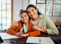 Mother, child and portrait with education and home school, academic learning with teaching and mom help kid with Royalty Free Stock Photo