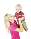 Mother Child Portrait. Happy Woman Raise Up Smiling Son, Little Royalty Free Stock Photo