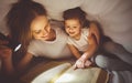 Mother and child read book under blanket with a flashlight Royalty Free Stock Photo