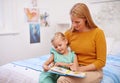 Mother, child and reading book for bed in bedroom at family home with fantasy story for development. Love, care and Royalty Free Stock Photo