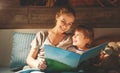 Mother and child reading book in bed before going to sleep Royalty Free Stock Photo