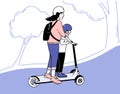 Mother and child riding kickscooter together. 3-wheeled electric scooter, eco friendly commute to school or kindergarten