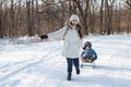 Mother and child sledge in the snowy forest from the mountain. Family vacation on the street in winter, mom and son laugh and have Royalty Free Stock Photo