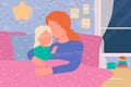 Mother and child sleep in bed of home bedroom, woman embracing baby girl at night