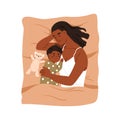 Mother and child sleeping together. Mom hugging little kid under blanket in bed. Black woman parent, toddler son asleep Royalty Free Stock Photo