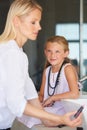 Mother, child and smile for beauty, makeup and support in bathroom, lipstick and fun at home. Mom, daughter and learning Royalty Free Stock Photo