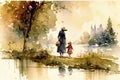 Mother and child stroll in watercolor serenity, created with Generative AI technology