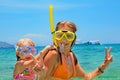 Mother with child swim underwater with fun in sea Royalty Free Stock Photo