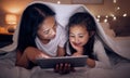 Mother, child and tablet with blanket at night in home for online games, reading ebook story and movies. Happy mom, girl Royalty Free Stock Photo