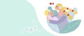 Gentle background for Mother`s Day. Mother and child and tender hugs. Vertical banner with place for text.