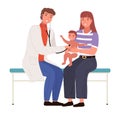Mother and child visiting the doctor. Pediatrician with stethoscope listening to patient s heartbeat