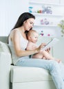 Mother and child want to play and read tablet computer on sofa