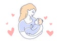 Motherhood. Mother love and child. Mom looking at the baby hand drawn style vector illustration